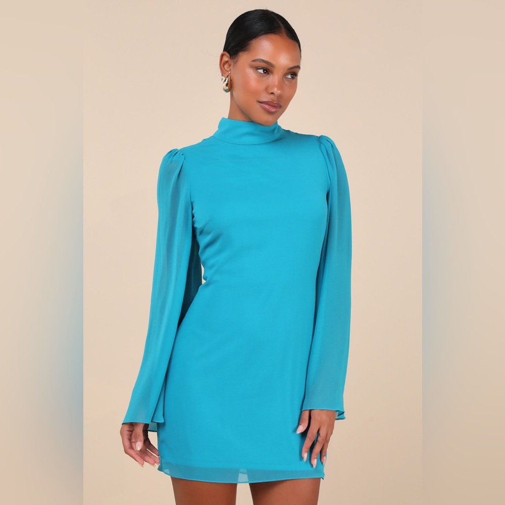 Lulu's Turquoise Mock Neck Long Sleeve Mini Dress
